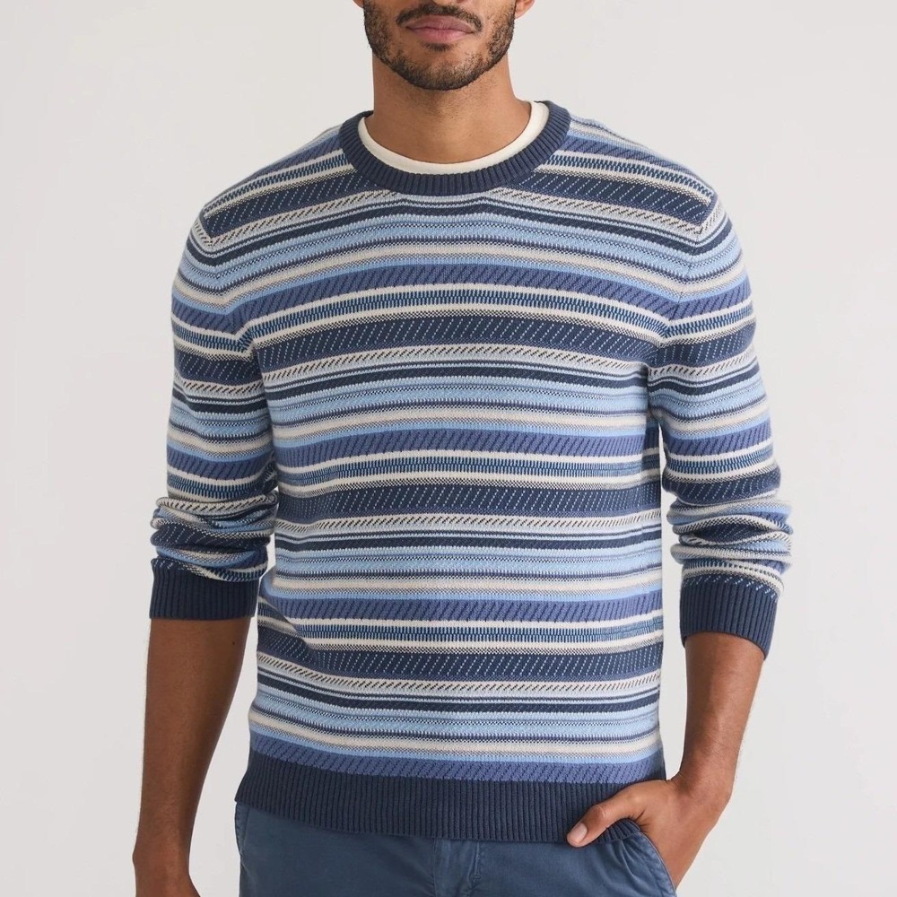 Marine Layer Reed Jacquard Blue Stripe Organic Cotton Knit Sweater Men Large